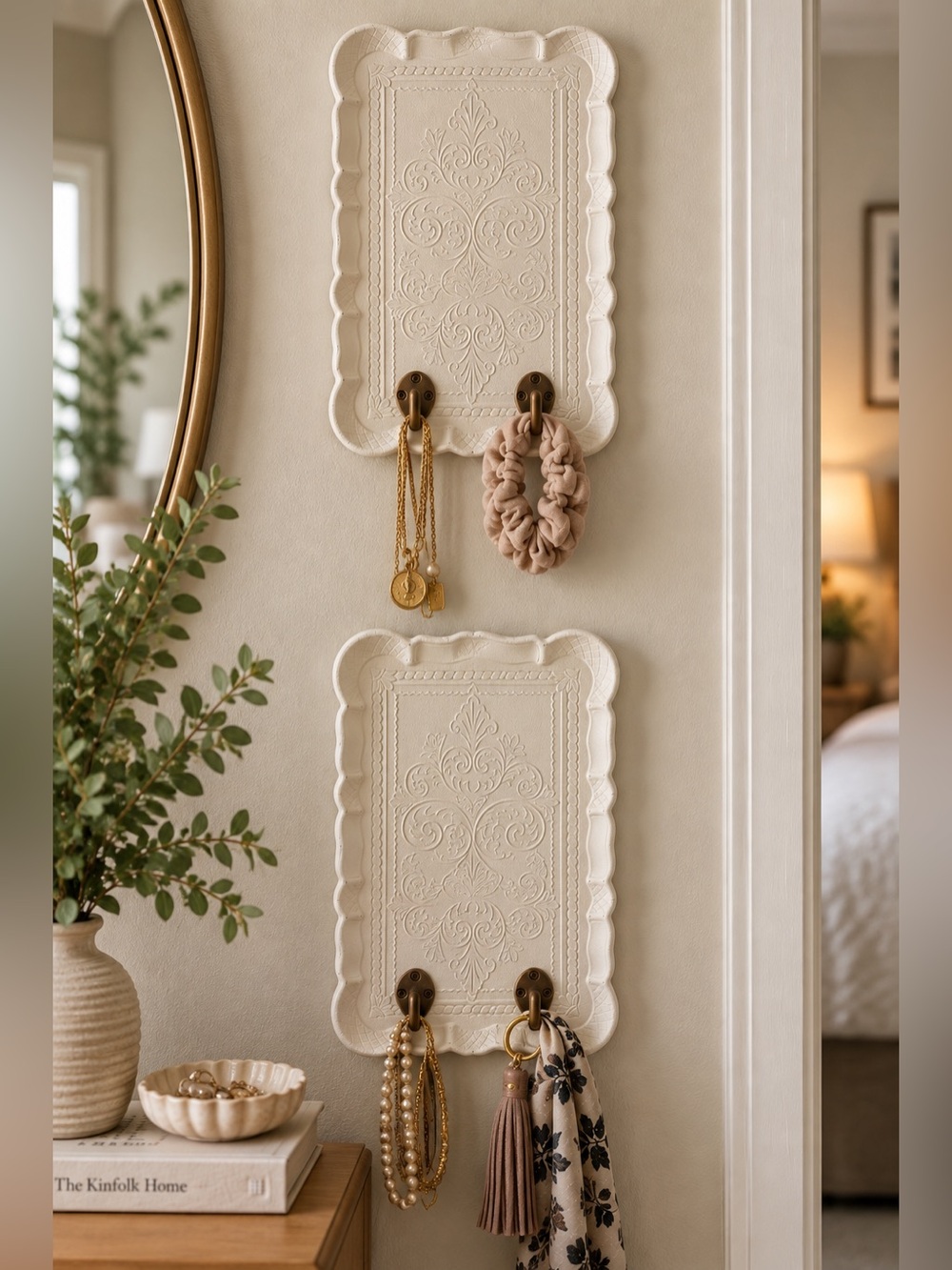 Set of 2 Ornate White Wall Jewelry Organizers Brass Hooks NWOT